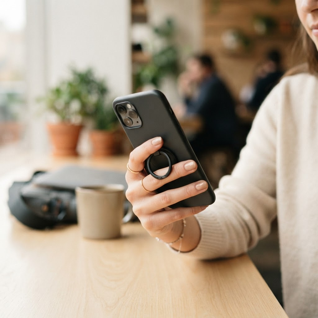Person holding a phone one-handed with the Griply grip